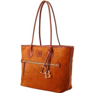 Dooney & Bourke Camel Suede Leather Tote Shoulder Bag Front Zip Pocket DB Charm